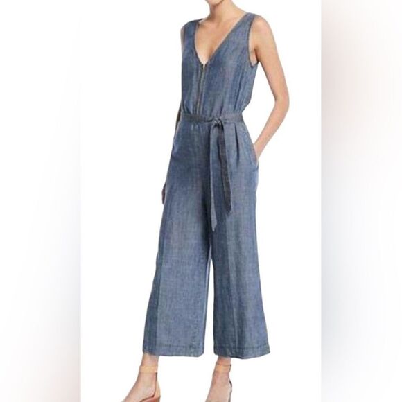 Trina Turk M Palo Alto Linen Lyocell Chambray Look V Neck Zip Jumpsuit *No Belt - Picture 1 of 9